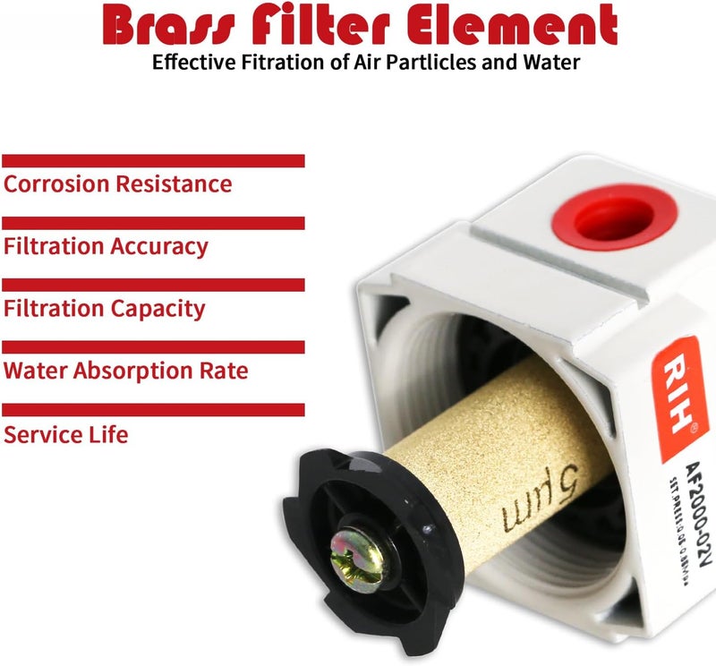 RH 1/4" NPT Air Dryer for Compressor, Air compressor water separator,air compressor filter,AF2000-02 Manual Drain,5 Micron Brass Element, Poly Bowl 0-150 psi 5μm - Image 3